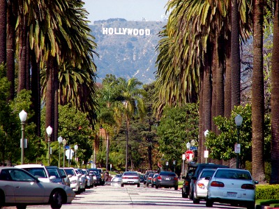 A scene in Los Angeles. Can you see the Hollywood hill sign?